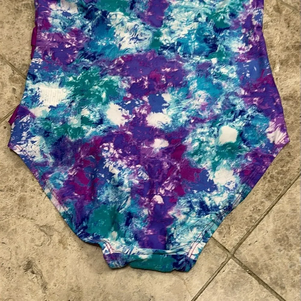 The Children’s Place Purple Ruffle Tie Dye One Piece Halter Swimsuit NEW Large